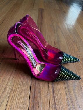Alexandre Vauthier Pink Iridescent Pointed-Toe Slingback Heels with Crystal Toe